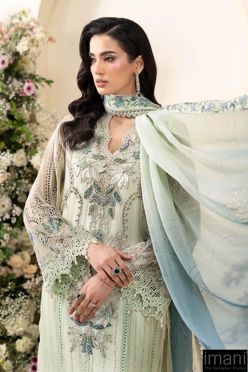 Luxury Formal Pistachio Green Embroidered Chiffon Suit Mbcs-Ea2605Pg 3 Luxury Formal Pistachio Green Embroidered Chiffon Suit Mbcs-Ea2605Pg - Image 3