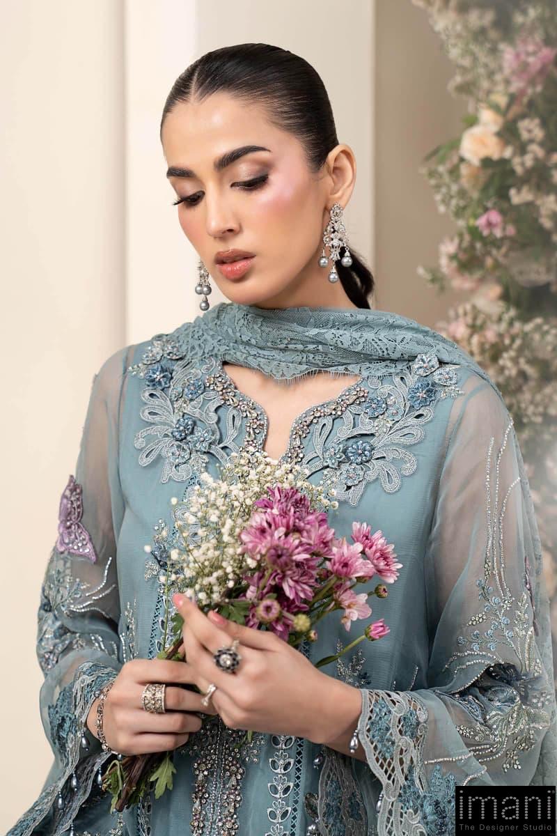 Luxury Formal Slate Blue Embroidered Chiffon Suit Mbcs-Ea2606Sb 5 Luxury Formal Slate Blue Embroidered Chiffon Suit Mbcs-Ea2606Sb - Image 5
