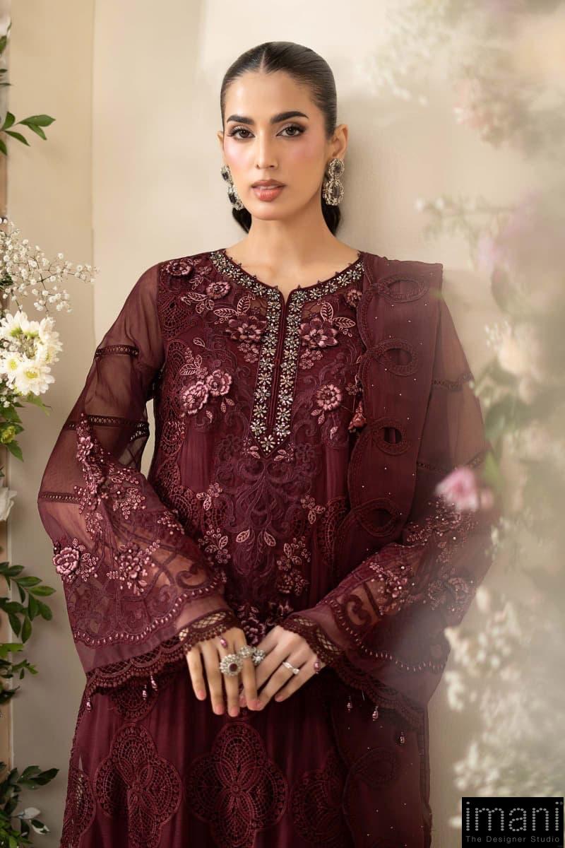 Luxury Formal Burgundy Embroidered Chiffon Suit Mbcs-Ea2608Bd 3 Luxury Formal Burgundy Embroidered Chiffon Suit Mbcs-Ea2608Bd - Image 3