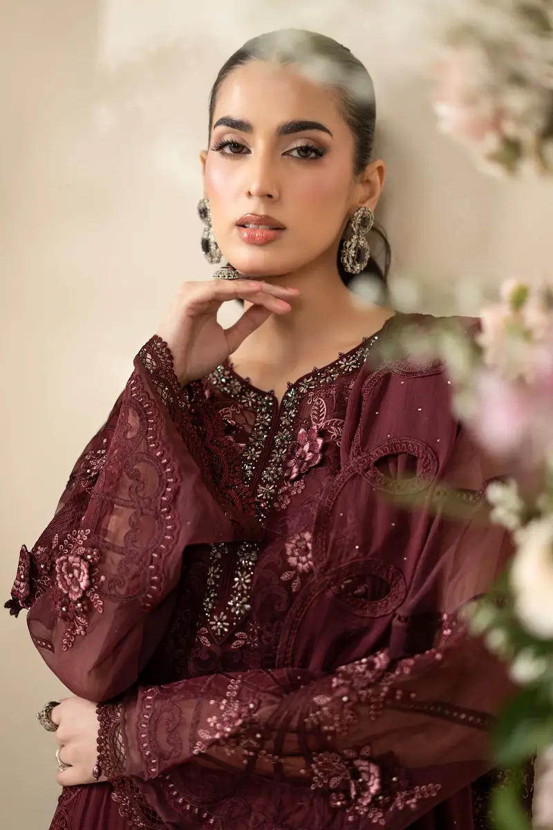 Luxury Formal Burgundy Embroidered Chiffon Suit Mbcs-Ea2608Bd 4 Luxury Formal Burgundy Embroidered Chiffon Suit Mbcs-Ea2608Bd - Image 4