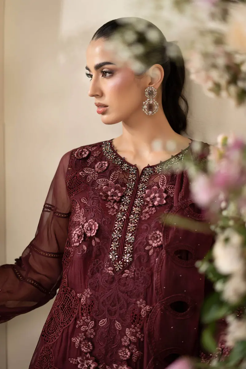 Luxury Formal Burgundy Embroidered Chiffon Suit Mbcs-Ea2608Bd 5 Luxury Formal Burgundy Embroidered Chiffon Suit Mbcs-Ea2608Bd - Image 5