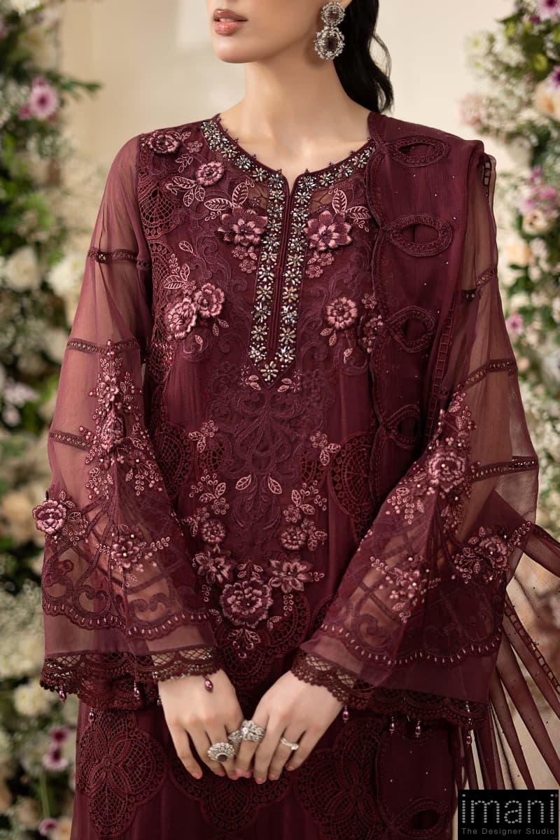 Luxury Formal Burgundy Embroidered Chiffon Suit Mbcs-Ea2608Bd 6 Luxury Formal Burgundy Embroidered Chiffon Suit Mbcs-Ea2608Bd - Image 6
