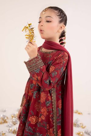 Maria.b Kids Wear Maroon Raw Silk Printed &Amp; Embroidered Suit Mbks-Ea2612Mp 11 Mks Ea2612Maroonb Imanistudio.com