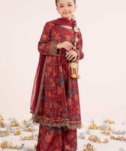 Maria.B Kids Wear Maroon Raw Silk Printed & Embroidered Suit MBKS-EA2612MP