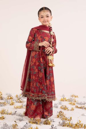 Maria.B Kids Wear Maroon Raw Silk Printed & Embroidered Suit MBKS-EA2612MP