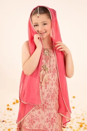 Maria.b Kids Wear Pink Printed &Amp; Embroidered Raw Silk Suit Mbks-Ef2609Pp 9 Mks Ef2609Pinkb Imanistudio.com