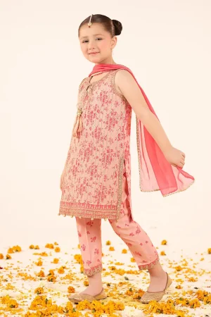 Maria.B Kids Wear Pink Printed & Embroidered Raw Silk Suit MBKS-EF2609PP