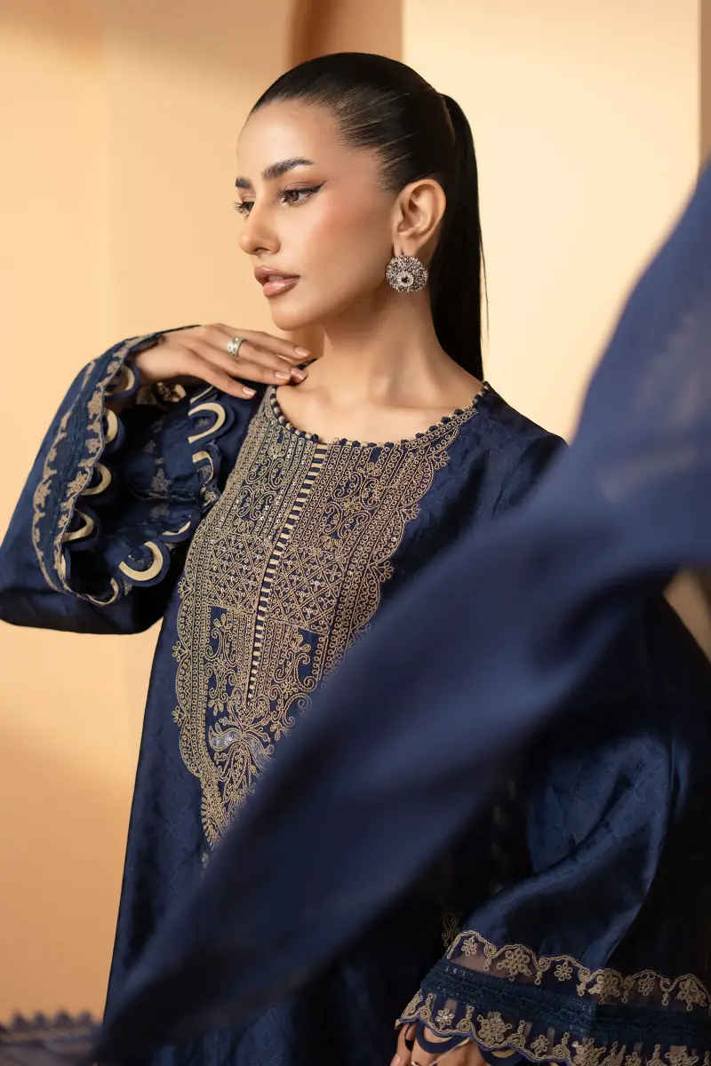 Maria.b Luxury Formal Navy Blue Embroidered Self Tassel Silk Suit Mbst-Ea2611Nb 4 Maria.b Luxury Formal Navy Blue Embroidered Self Tassel Silk Suit Mbst-Ea2611Nb - Image 4