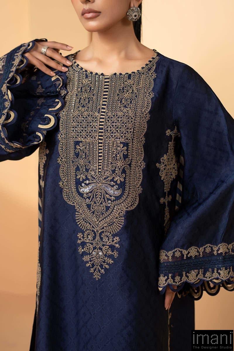 Maria.b Luxury Formal Navy Blue Embroidered Self Tassel Silk Suit Mbst-Ea2611Nb 5 Maria.b Luxury Formal Navy Blue Embroidered Self Tassel Silk Suit Mbst-Ea2611Nb - Image 5