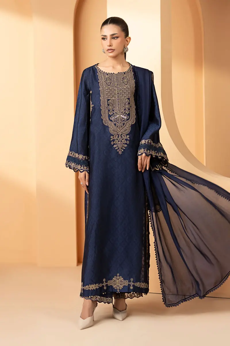 Maria.b Luxury Formal Navy Blue Embroidered Self Tassel Silk Suit Mbst-Ea2611Nb 1 Maria.b Luxury Formal Navy Blue Embroidered Self Tassel Silk Suit Mbst-Ea2611Nb