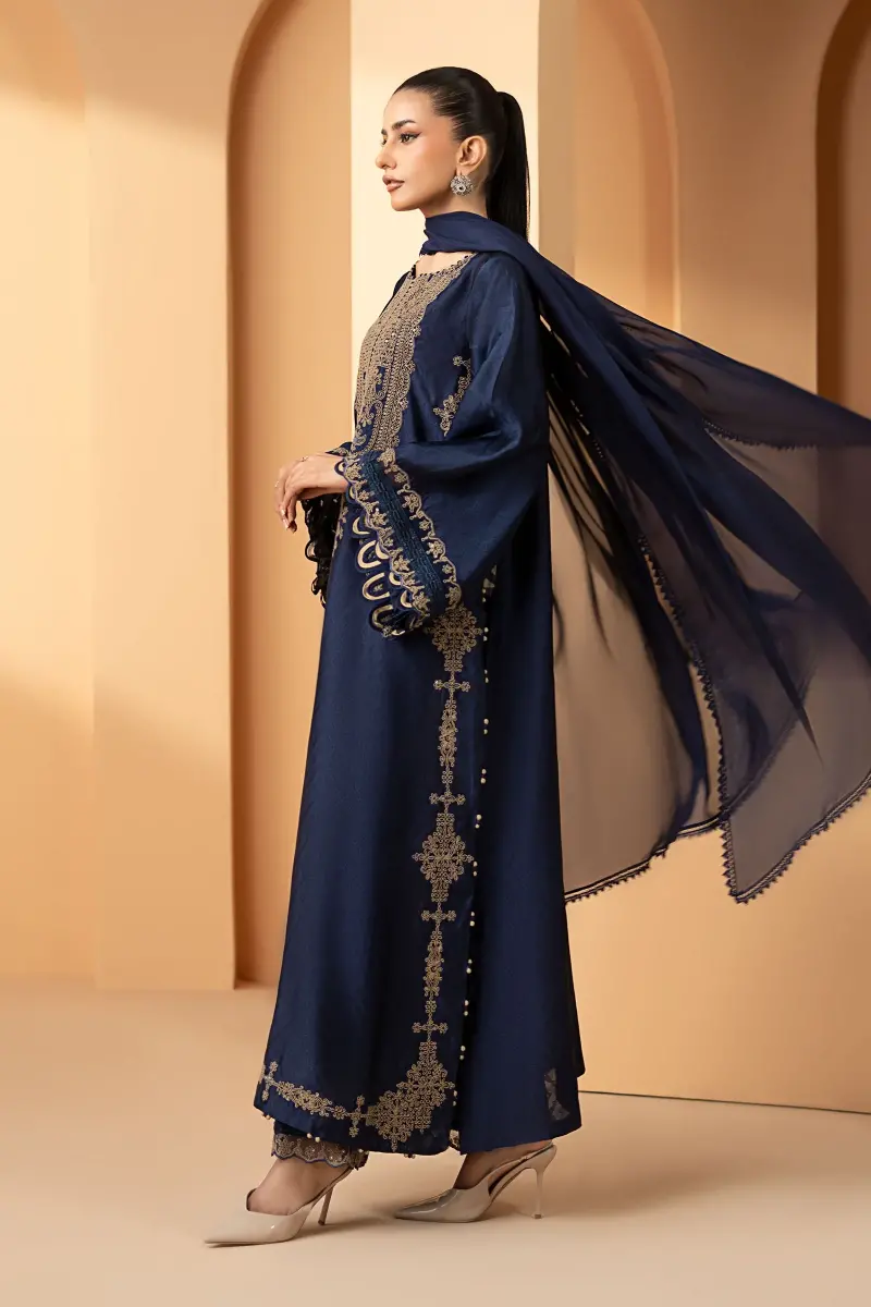 Maria.b Luxury Formal Navy Blue Embroidered Self Tassel Silk Suit Mbst-Ea2611Nb 2 Maria.b Luxury Formal Navy Blue Embroidered Self Tassel Silk Suit Mbst-Ea2611Nb - Image 2