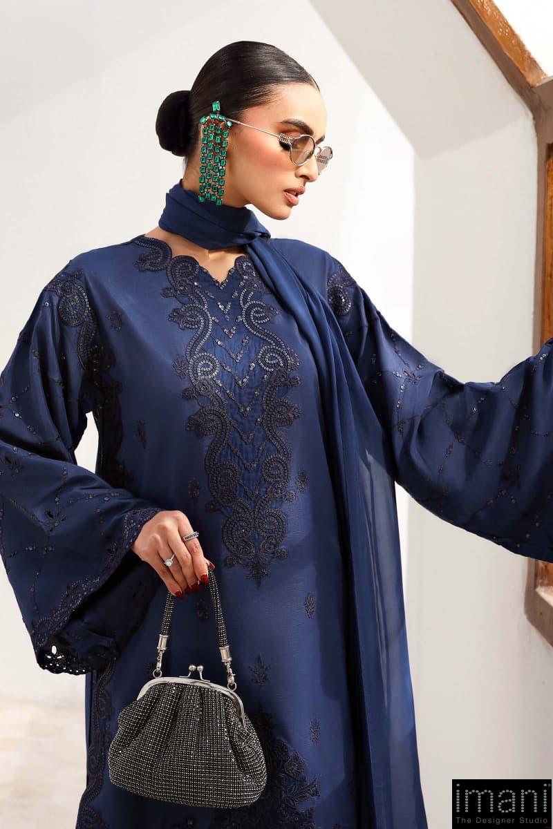 Maria.b Luxury Formal Dark Blue Embroidered Medium Raw Silk Suit Mbst-Ef2632Db 4 Maria.b Luxury Formal Dark Blue Embroidered Medium Raw Silk Suit Mbst-Ef2632Db - Image 4