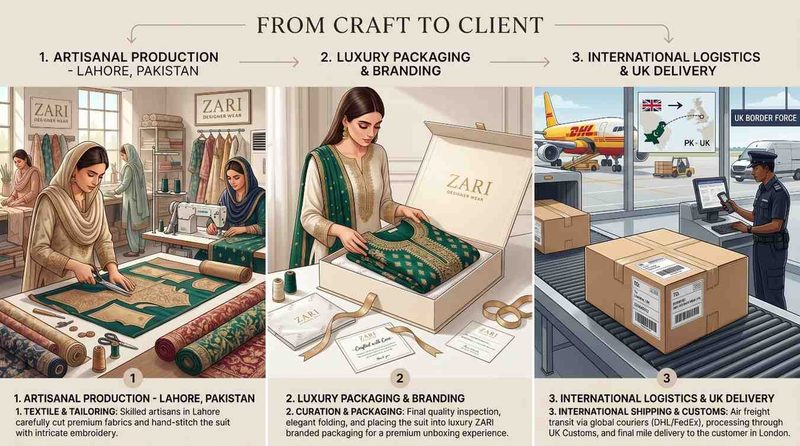Why Pakistani Designer Suits Take So Long To Arrive In The Uk (Full Production Timeline Explained) 3 Split Scene From Craft To Dispatch Imanistudio.com 1 800X446 Imanistudio.com