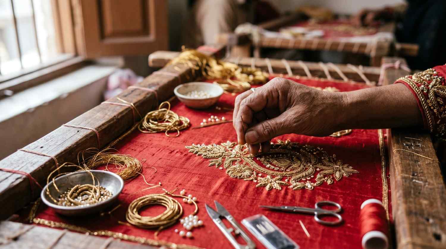 What Fabrics And Embellishments Are Used In Authentic Pakistani Bridal Couture? 3 Artisan Hand Embroidering Bridal Imanistudio.com