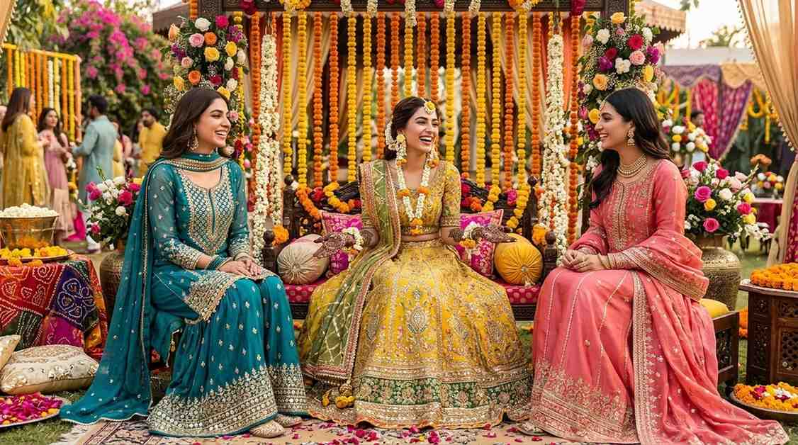 Mehndi Outfits: The Complete Guide For Brides, Bridesmaids &Amp; Guests (2026) 3 Bride Sitting With Her Friends In Mehndi Outfits.