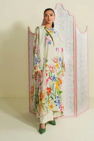 Maria.B Luxury Pret Cream Printed & Embroidered Raw Silk Suit MBDW-EA2625CM