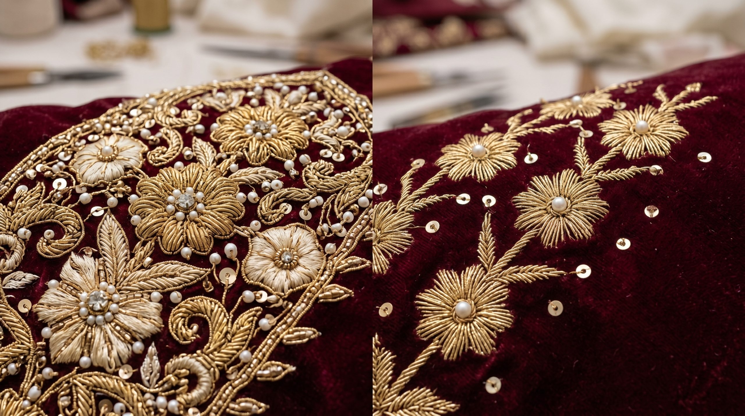 How Do I Find Genuine Pakistani Designer Bridal Wear In The Uk? 2 Ultra Detailed Closup Of Embalishment Imanistudio.com Scaled