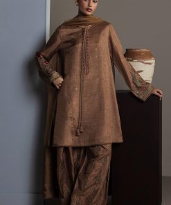 3Pcs Zara Shahjahan Brown Korean Silk Kahvaan Suit ZSZR-F0643BK