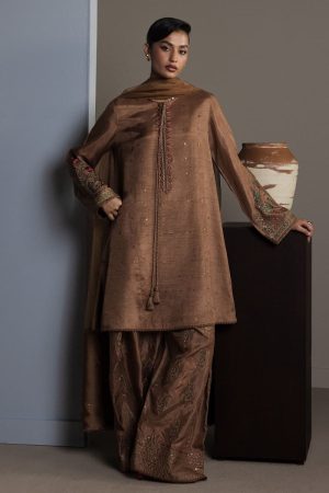 3Pcs Zara Shahjahan Brown Korean Silk Kahvaan Suit ZSZR-F0643BK