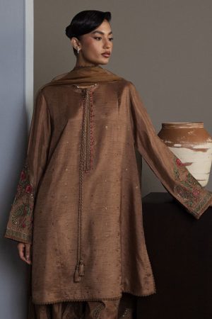 3Pcs Zara Shahjahan Brown Korean Silk Kahvaan Suit Zszr-F0643Bk 7 Brown2 Imanistudio.com