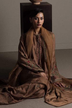 3Pcs Zara Shahjahan Brown Korean Silk Kahvaan Suit Zszr-F0643Bk 9 Brown5 Imanistudio.com