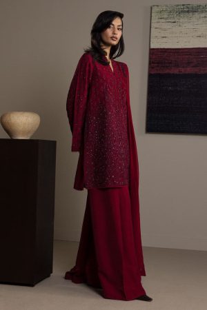 3Pcs Zara Shahjahan Ruby Red Raw Silk Surkhaab Suit Zszr-F0636Rr 7 Maroon3 Imanistudio.com