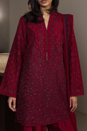 3Pcs Zara Shahjahan Ruby Red Raw Silk Surkhaab Suit Zszr-F0636Rr 8 Maroon4 Imanistudio.com