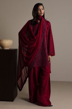 3Pcs Zara Shahjahan Ruby Red Raw Silk Surkhaab Suit Zszr-F0636Rr 9 Maroon5 Imanistudio.com