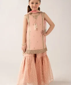 Maria.B Kids Wear Peachy Pink Embroidered Cotton Satin Suit MBKS-EF1135RPP