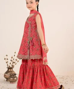 Maria.b Kids Wear Pink Printed &Amp; Embroidered Raw Silk Suit Mbks-Ef1130Pk 7 Mks Ef2630Pinkf Imanistudio.com