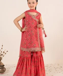 Maria.B Kids Wear Pink Printed & Embroidered Raw Silk Suit MBKS-EF1130PK