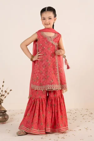 Maria.b Kids Wear Pink Printed &Amp; Embroidered Raw Silk Suit Mbks-Ef1130Pk