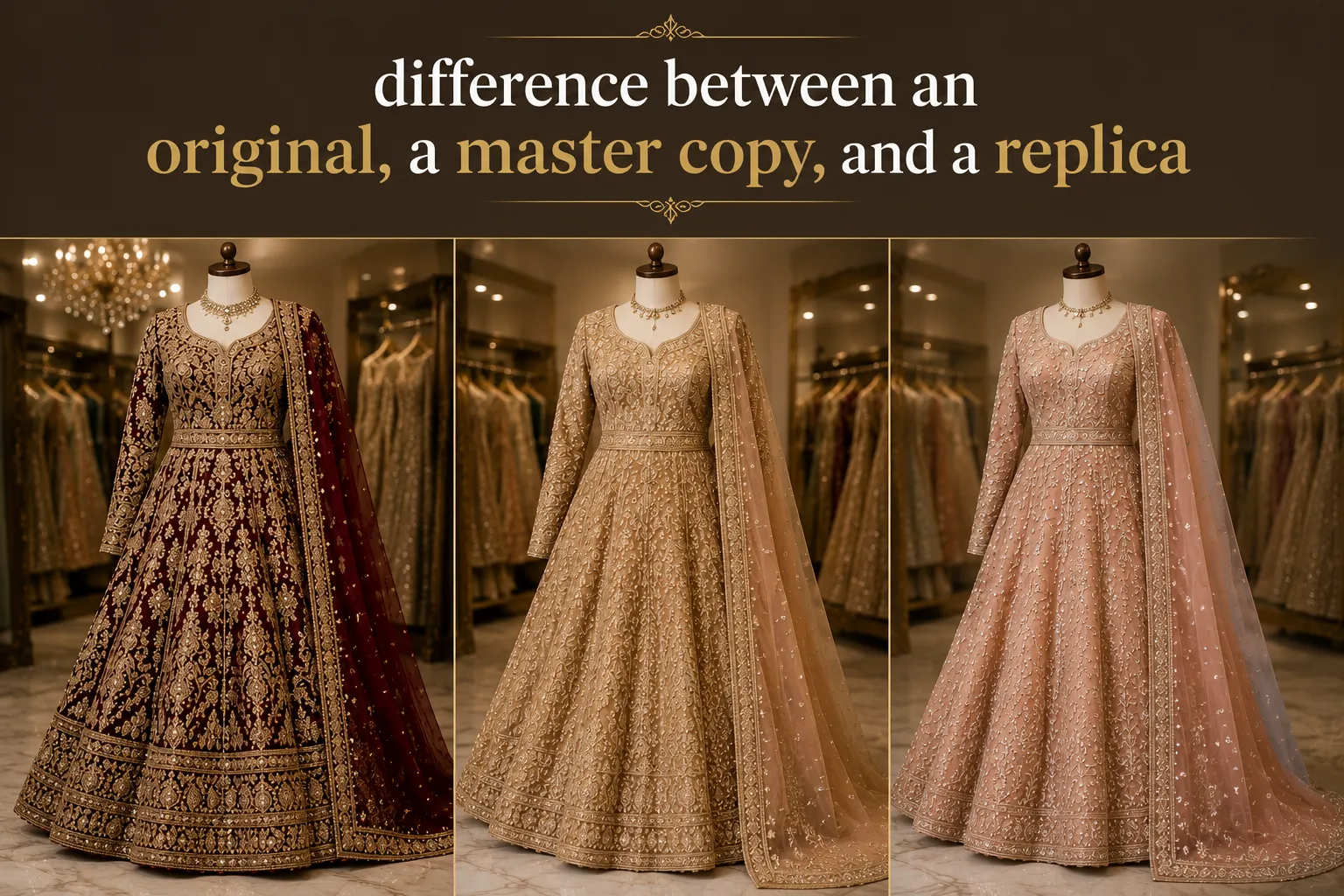 How To Buy An Authentic Pakistani Bridal Lehenga Without Overpaying 3 Original Pakistani Bridal Lehenga Compared With A Replica Showing Differences In Embroidery And Quality