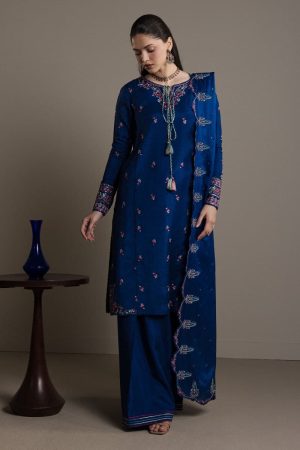 3Pcs Zara Shahjahan Midnight Blue Medium Raw Silk Shabnam Suit ZSZR-F0650MB