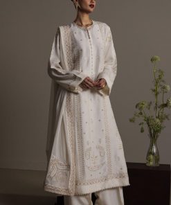 3Pcs Zara Shahjahan Off-White Korean Silk Safa Suit ZSZR-F0640WS