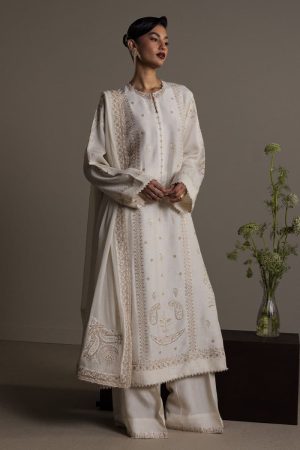 3Pcs Zara Shahjahan Off-White Korean Silk Safa Suit ZSZR-F0640WS
