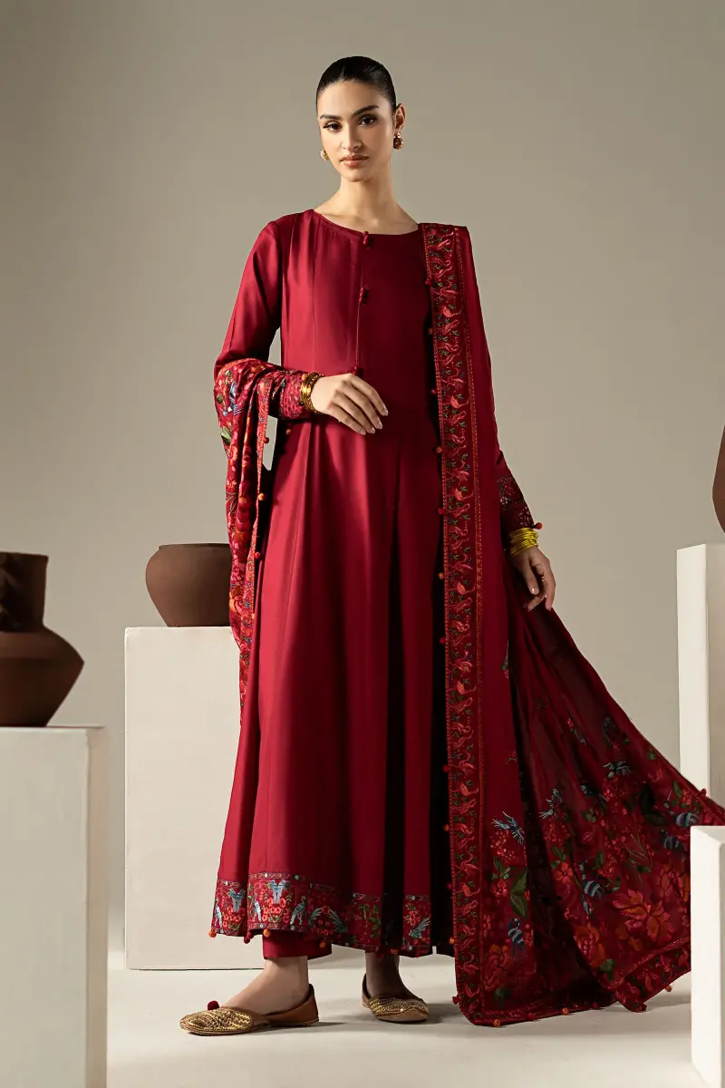 Luxury Pret Rio Red Embroidered Linen Suit Mbdw-Aw1648Rd 1 Luxury Pret Rio Red Embroidered Linen Suit Mbdw-Aw1648Rd