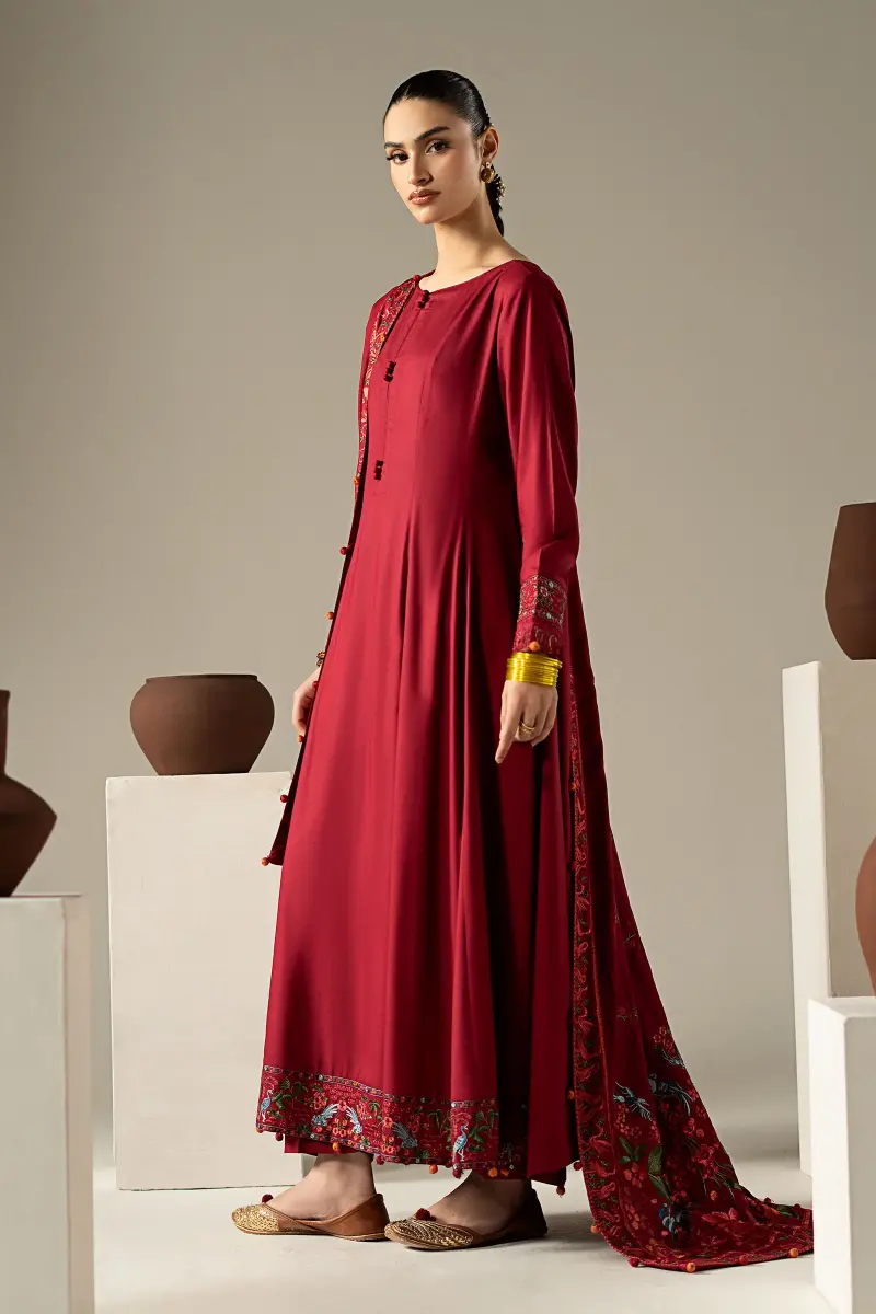 Luxury Pret Rio Red Embroidered Linen Suit Mbdw-Aw1648Rd 2 Luxury Pret Rio Red Embroidered Linen Suit Mbdw-Aw1648Rd - Image 2