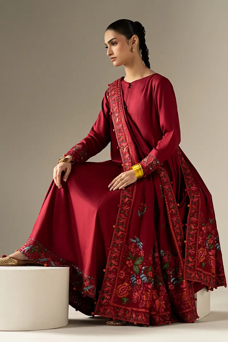 Luxury Pret Rio Red Embroidered Linen Suit Mbdw-Aw1648Rd 3 Luxury Pret Rio Red Embroidered Linen Suit Mbdw-Aw1648Rd - Image 3
