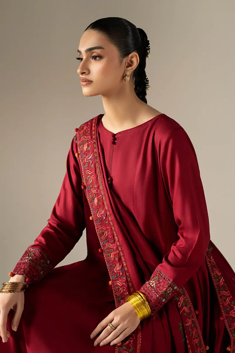 Luxury Pret Rio Red Embroidered Linen Suit Mbdw-Aw1648Rd 4 Luxury Pret Rio Red Embroidered Linen Suit Mbdw-Aw1648Rd - Image 4