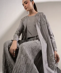 Luxury Pret 3 Pieces Grey Embellished Raw Silk Suit Mbwf-A1502Gr 10 Mb Wf25 36A H Imanistudio.com