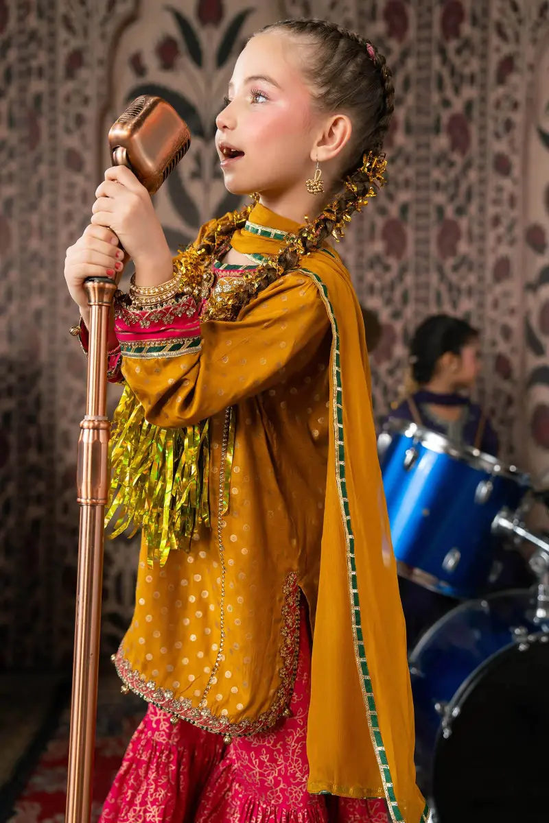 Maria.b 3 Piece Kids Mustard/|Pink Embroidered Raw Silk Suit Mbks-Aw17Mp 7 Maria.b 3 Piece Kids Mustard/|Pink Embroidered Raw Silk Suit Mbks-Aw17Mp - Image 7