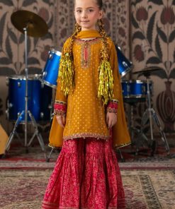 Maria.B 3 Piece Kids Mustard/|Pink Embroidered Raw Silk Suit MBKS-AW1617MP