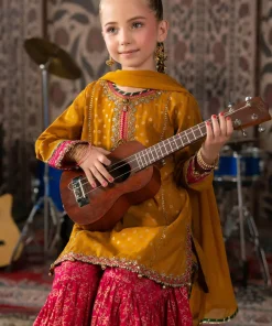 Maria.b 3 Piece Kids Mustard/|Pink Embroidered Raw Silk Suit Mbks-Aw17Mp 9 Mks W2617Mustardd Imanistudio.com