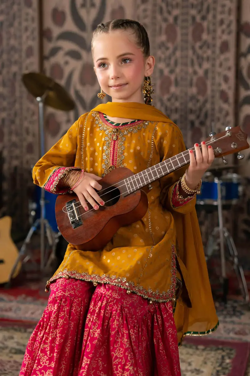 Maria.b 3 Piece Kids Mustard/|Pink Embroidered Raw Silk Suit Mbks-Aw17Mp 3 Maria.b 3 Piece Kids Mustard/|Pink Embroidered Raw Silk Suit Mbks-Aw17Mp - Image 3
