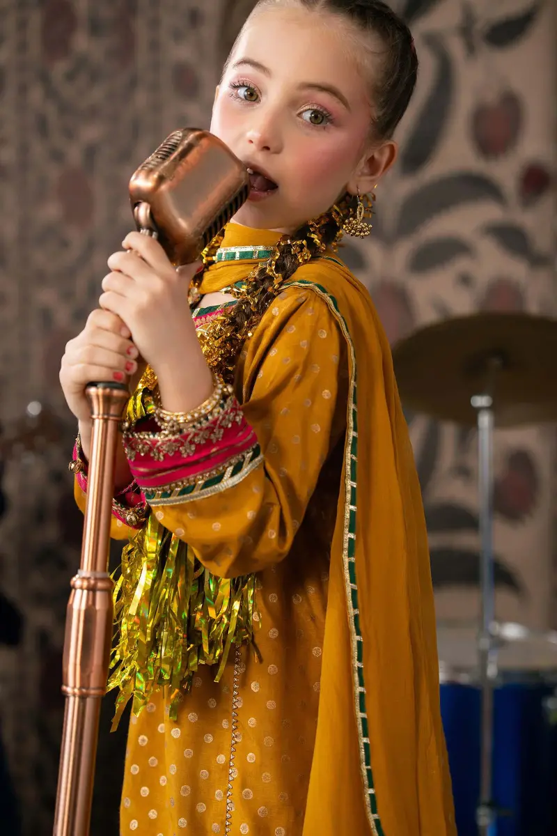 Maria.b 3 Piece Kids Mustard/|Pink Embroidered Raw Silk Suit Mbks-Aw17Mp 2 Maria.b 3 Piece Kids Mustard/|Pink Embroidered Raw Silk Suit Mbks-Aw17Mp - Image 2