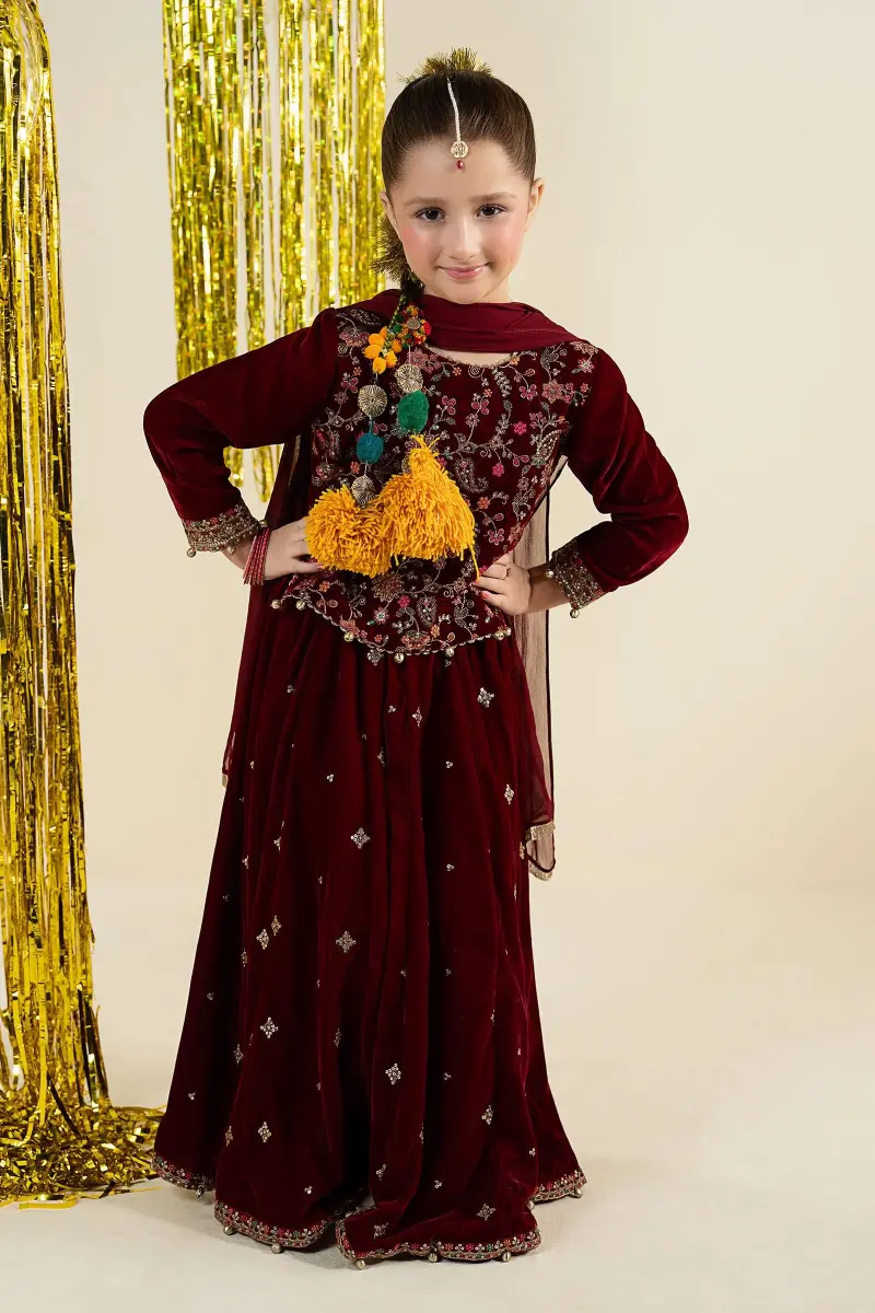 Maria.b 3 Piece Kids Maroon Embroidered Velvet Suit Mbks-Aw1628Mr 2 Maria.b 3 Piece Kids Maroon Embroidered Velvet Suit Mbks-Aw1628Mr - Image 2