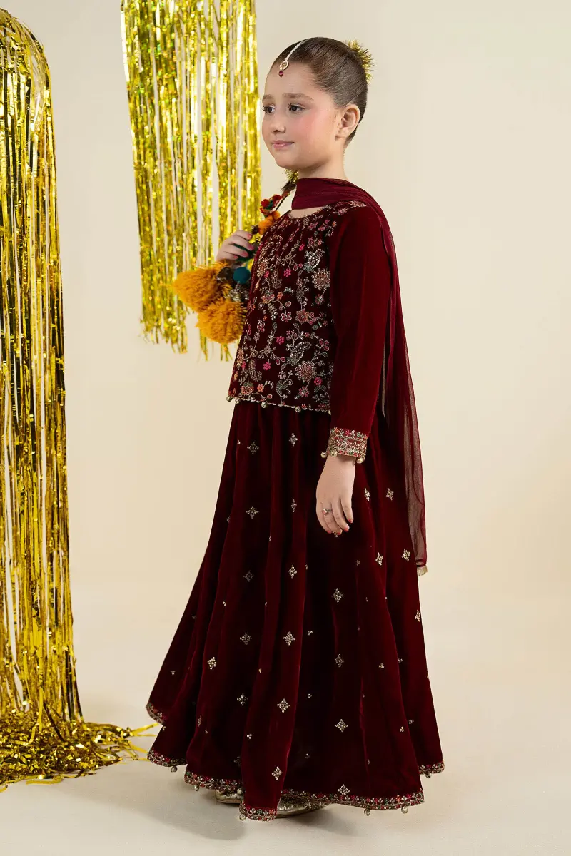 Maria.b 3 Piece Kids Maroon Embroidered Velvet Suit Mbks-Aw1628Mr 3 Maria.b 3 Piece Kids Maroon Embroidered Velvet Suit Mbks-Aw1628Mr - Image 3