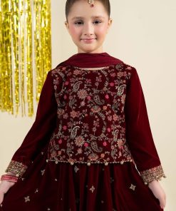 Maria.b 3 Piece Kids Maroon Embroidered Velvet Suit Mbks-Aw1628Mr 11 Mks W2628Redf Imanistudio.com