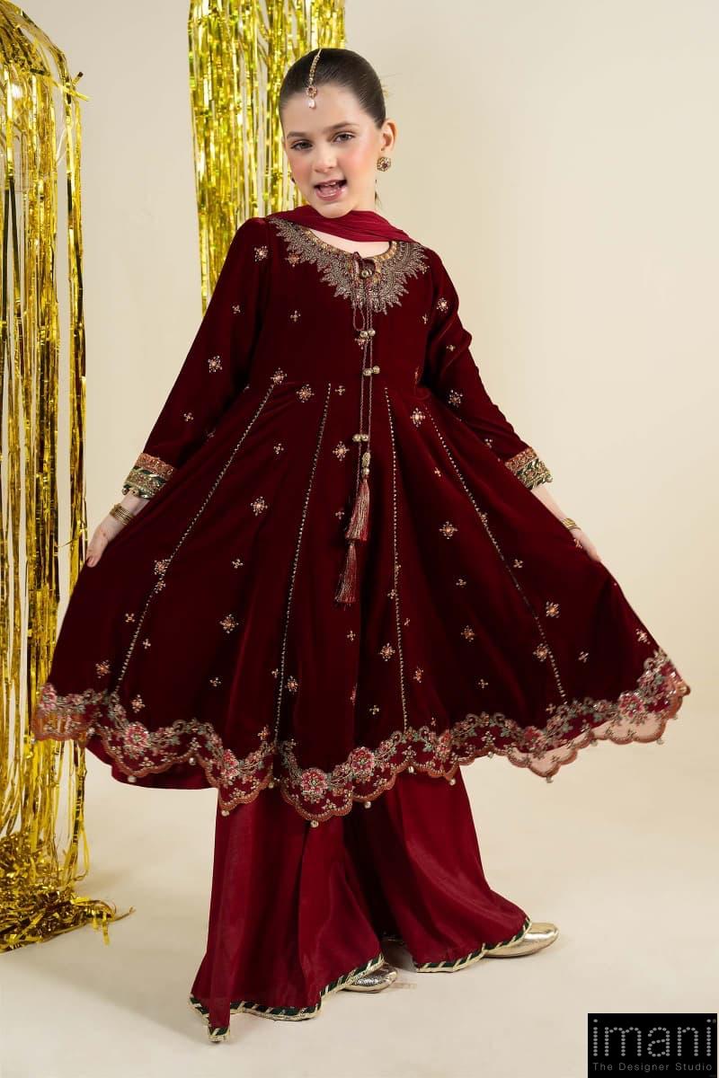 Maria.b 3 Piece Kids Maroon Embroidered Velvet Suit Mbks-Aw1632Mmn 3 Maria.b 3 Piece Kids Maroon Embroidered Velvet Suit Mbks-Aw1632Mmn - Image 3